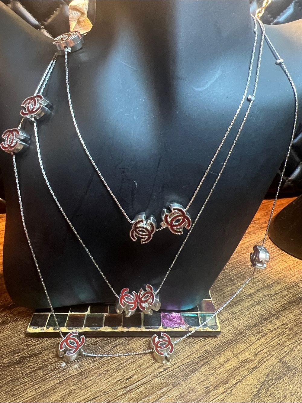 Designer-Inspired Silver Necklace with Red Logo Accents
